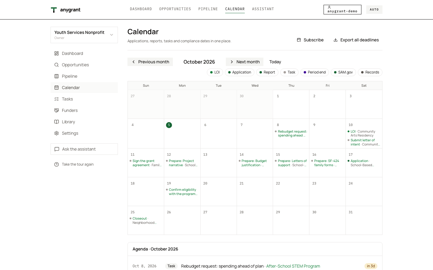 The calendar view with application deadlines, report due dates and tasks for the month.